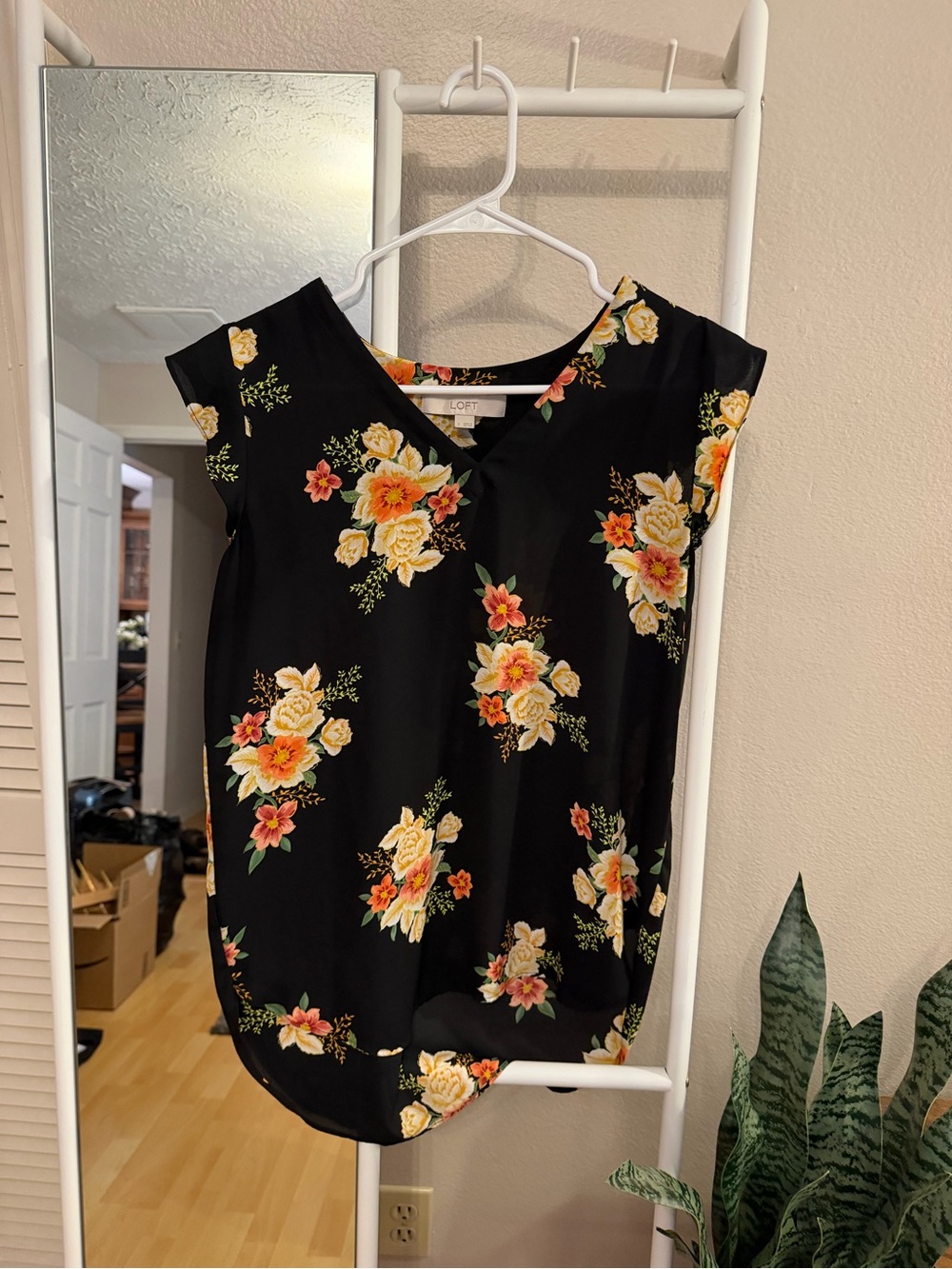 LOFT Black Floral V-Neck Cap-Sleeve Blouse with Yellow & Orange Roses
